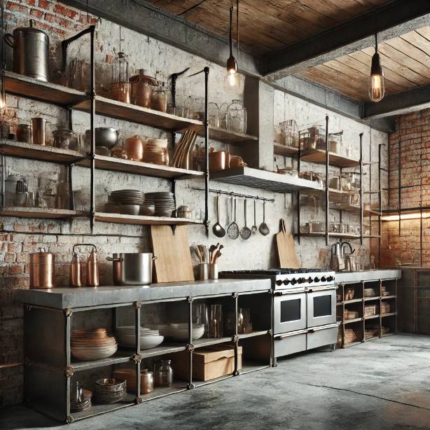 Metal, brick and raw wood surfaces